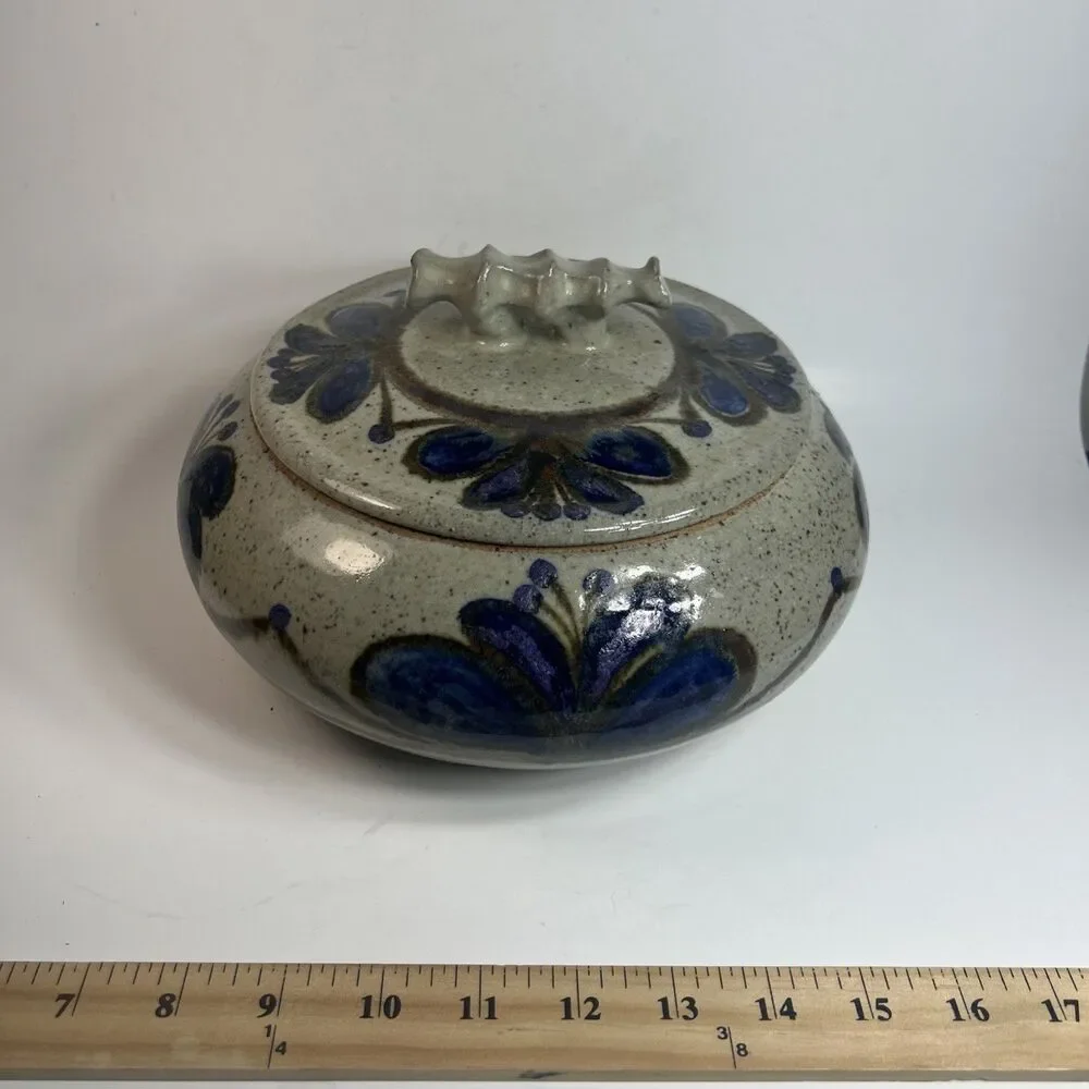 Vintage Studio Art Pottery Stoneware w Lid Blue Purple Speckled Brown Signed 9”